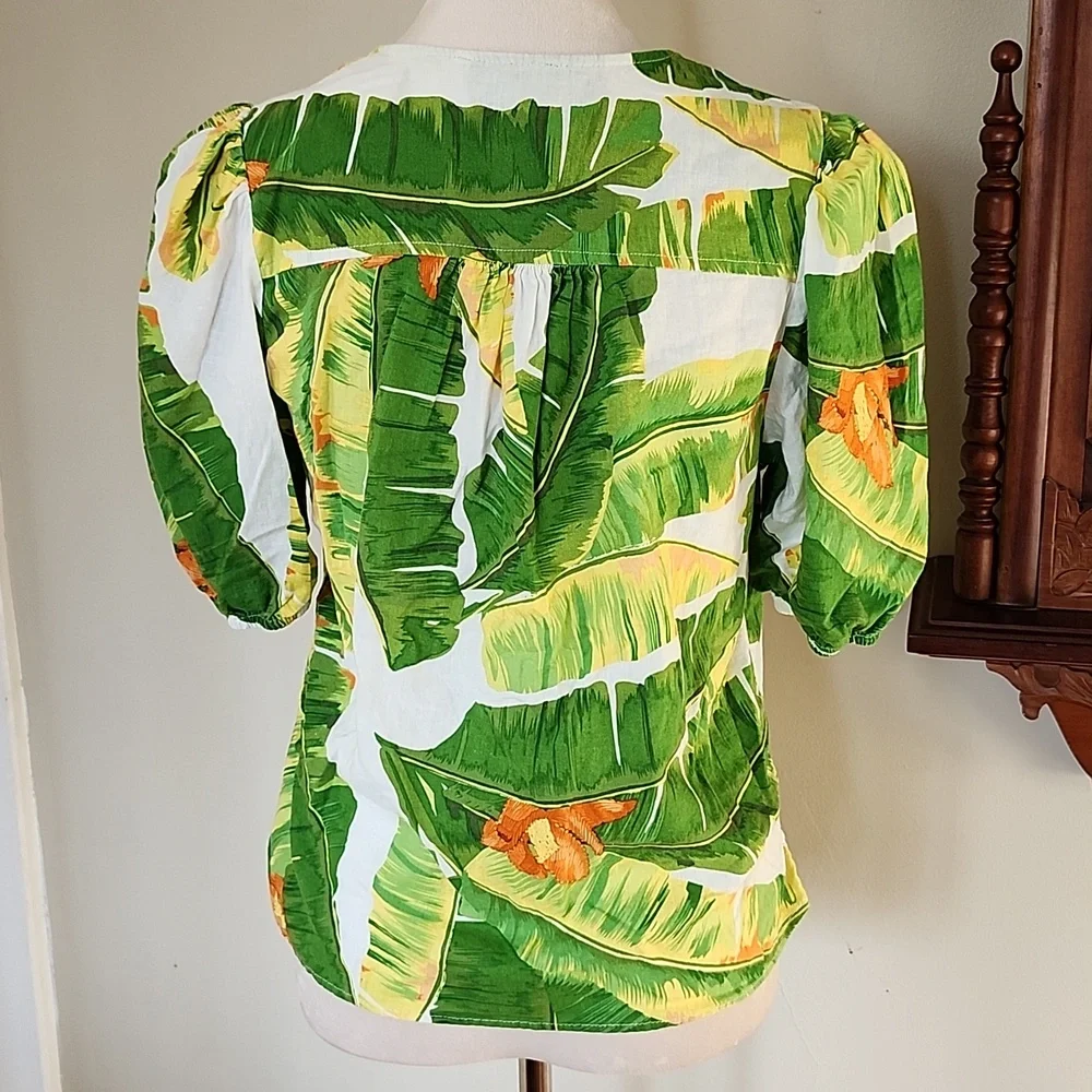 Cynthia Rowley Tropical Print Linen Blend Blouse M - Picture 6 of 11